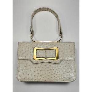 Vintage 1960s Mam’selle New York Cream Ostrich Embossed Top Handle Handbag Clasp